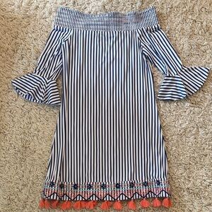 Cabana Life Blue and White Striped Off-Shoulder Dress